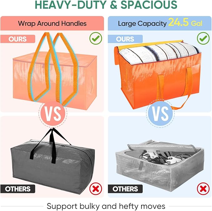 BALEINE 6-Pack Oversized Moving Bags with Reinforced Handles, Heavy-Duty Storage Tote for Clothes, Moving Supplies (Orange, 6-Pack) - Image 3