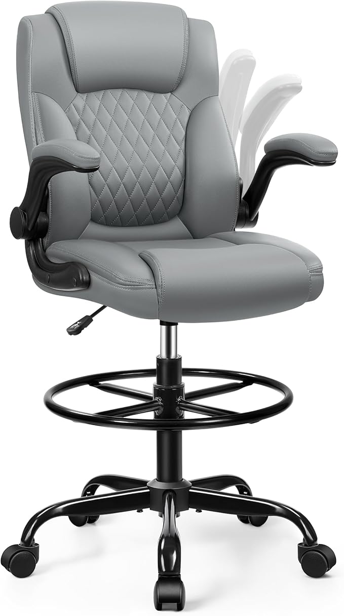 Drafting Chair, Tall Office Chair for Standing Desk, High Executive Leather Ergonomic Computer Chair with Adjustable Height and Flip-Up Armrest for Counter Height Desk, Grey, Pack of 1 by BrickAttic