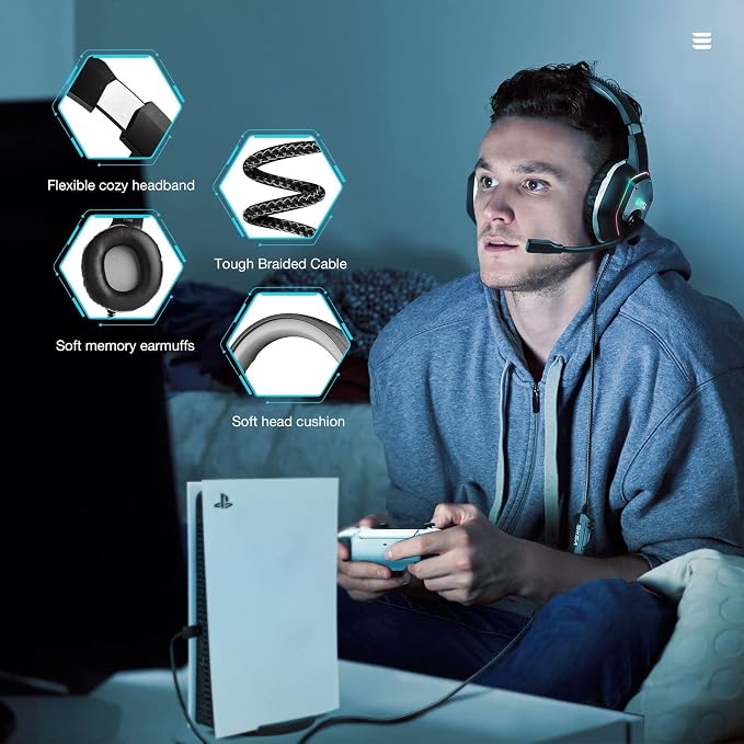 EKSA E1000 USB Gaming Headset for PC, Computer Headphones with Microphone/Mic Noise Cancelling, 7.1 Surround Sound, RGB Light - Wired Headphones for PS4, PS5 Console, Laptop, Call Center - Image 7
