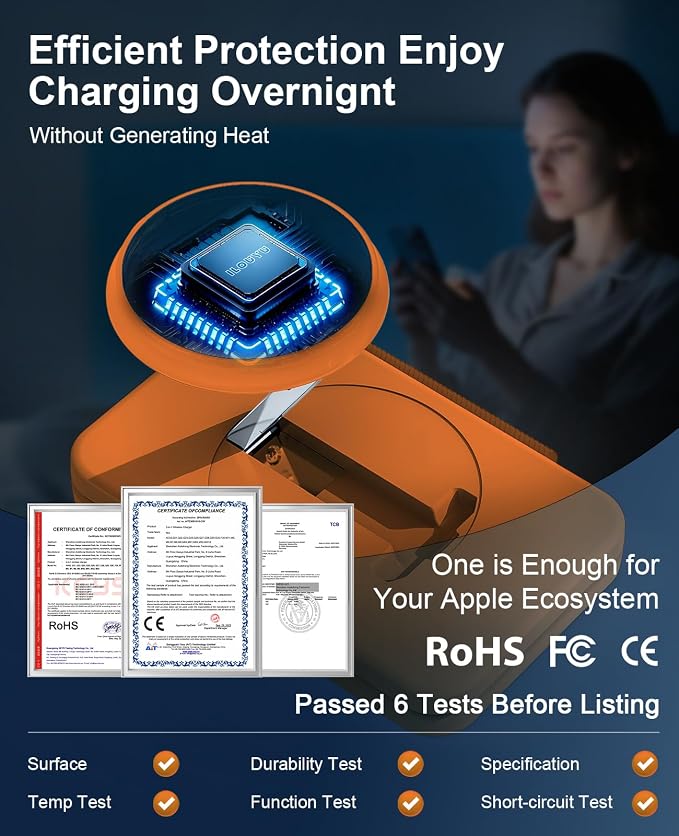 3 in 1 Magnetic Wireless Charger for Apple Multiple Devices, Foldable Fast Charging Station - Magsafe Charger Stand, Travel Charger Pad for iPhone 17 16 15 14 13 12 Series/Apple Watch/AirPods Orange | Magsafe Charger Stand for Multiple Devices, Travel ... - Image 4