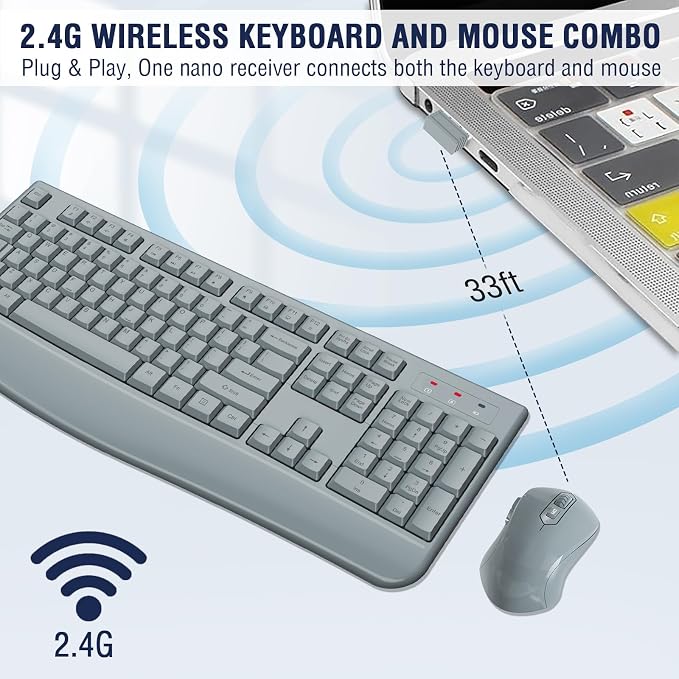 Wireless Keyboard and Mouse Combo, EDJO 2.4G Full-Sized Ergonomic Computer Keyboard with Wrist Rest and 3 Level DPI Adjustable Wireless Mouse for Windows, Mac OS Desktop/Laptop/PC(Grey) - Image 3