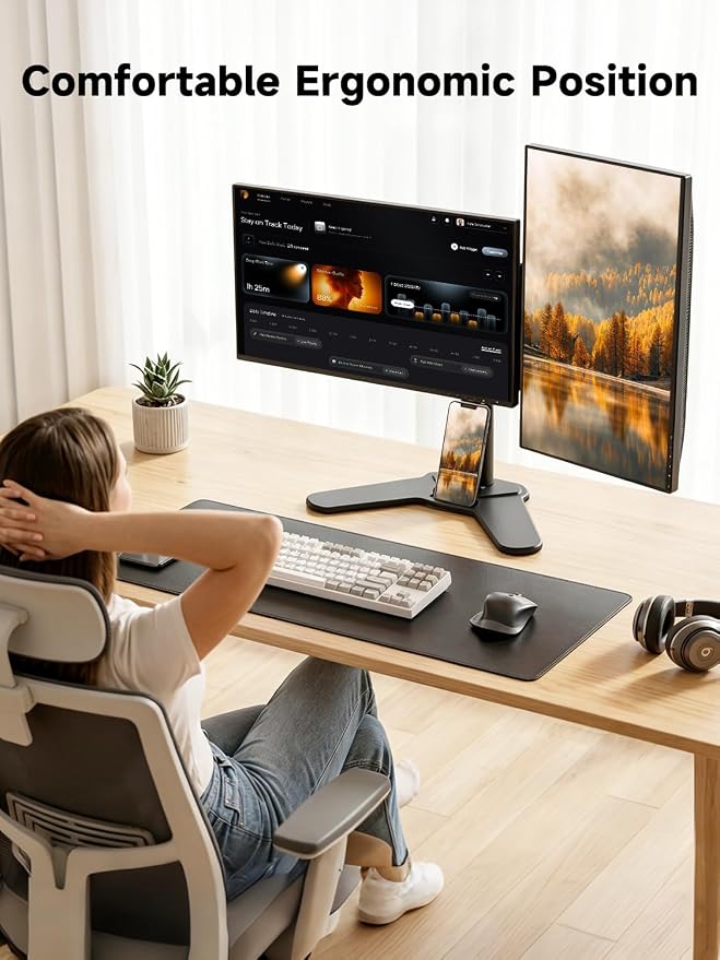 Dual Monitor Stand Mount, Free-Standing Full Motion Monitor Desk Mount for Two 13-32 inch, 15.43lbs, Adjustable Angle Height Monitors Arm, Desk Stand, Ergonomic L Feet, Black (ML7442) - Image 2