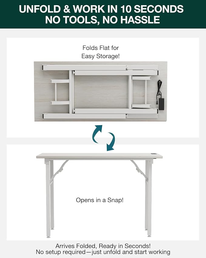 Small Folding Computer Desk – 43.3 Inch Portable Table for Craft and Study, Lightweight Desk for Small Spaces, Foldable Laptop Table Built-in AC/USB Outlets for Convenience, White Ash - Image 3