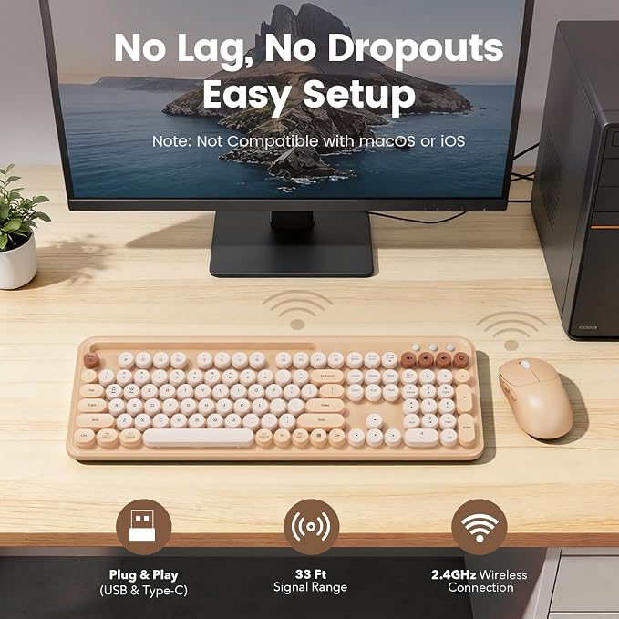 Wireless Keyboard and Mouse Combo, Retro Round Keycaps, Full-Size Typewriter Keyboard with Phone/Tablet Holder, Ergonomic Mouse with 3-Level DPI, 2.4GHz Connection for Windows/PC (Beige Colorful) | Full-Size Retro Typewriter-Style Keyboard, Tilt Legs, ... - Image 7