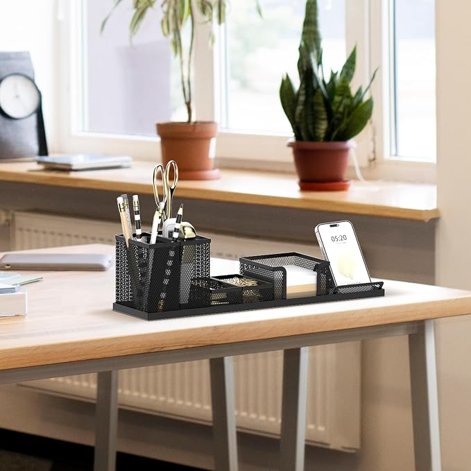 Pen Holder for Desk, 6-Piece Mesh Desk Organizer with Phone Holder, Black | 6-Piece Black Mesh Desk Set Includes Pen Cups, a Sticky Note Caddy and Phone Holder for Office, School, Home - Image 6