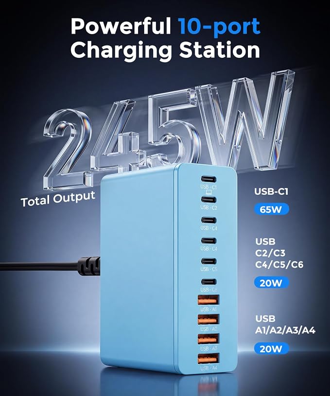 USB C Charging Station 10 Port with 4 Cables,245W GaN Charger Block | Type C Wall Charger Power Strip Adapter Plug for iPad iPhone17 16 15 14 13 12 Pro Max Pixel Note Galaxy Blue - Image 2