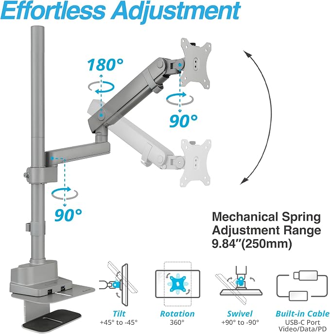 AVLT Single 40 Inch Monitor Arm Pole Top Mount with USB-C&A Ports - Gray | Supports 26.4 lbs (12kg), Ultrawide screen fit, VESA Compatible, Tilt, Swivel, Rotate, Ergonomic adjustable height, Durable - Image 4