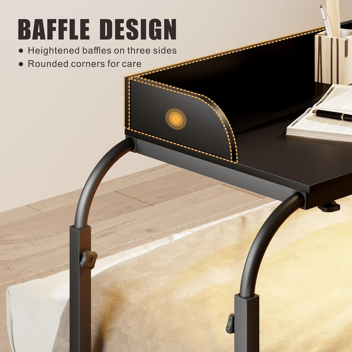 HWB Over Bed Desk with LED Light, Wheels & Charging Station, Black - Image 6