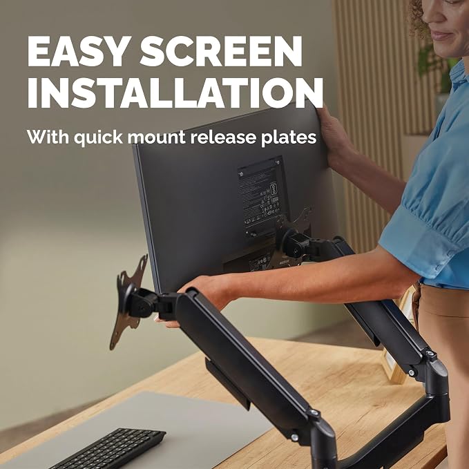 Fellowes Everyday Plus Dual Gas Spring Monitor Arm Holds Two Screens up to 32" Weighing 4.4-19.84 lbs ea, Height Adjusting, Tilt, Swivel, Rotate, VESA 75/100, Clamp or Grommet Mount, Cable Management - Image 6