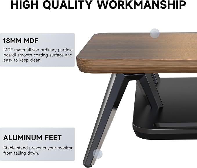 Fenge Monitor Stand Riser, Wooden Desk Shelf with 2-Tier Storage | 23.6-Inch Wide, Sturdy Aluminum Legs, Built-In Phone & Tablet Slot, Desktop Organizer for Office Accessories - Image 3