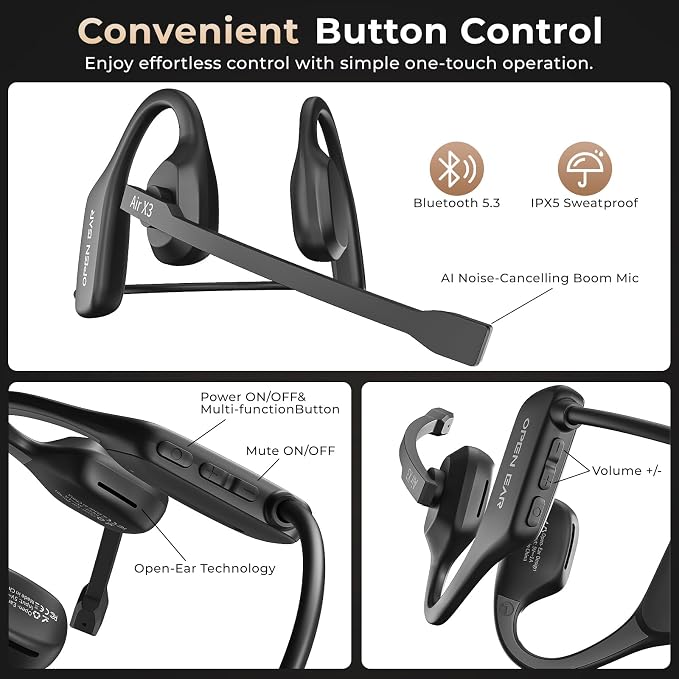 Air Conduction Open Ear Headphones with Mic, AI Noise Cancelling Bluetooth Headset, Dual Connect Wireless Headphones with Mute Button, 32g Lightweight for Work, Driving, Workout, Calls Black - Image 7