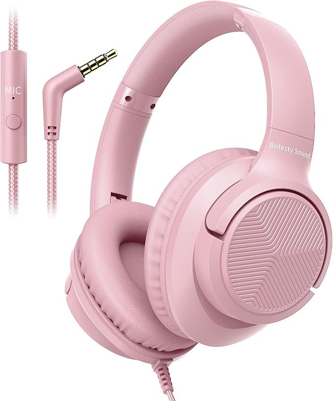 Botesty Sound Wired Headphones with Microphone, Over Ear 3.5mm Plug in Headphones with 4.9ft Tangle-Free Nylon Cord for Tablet, Laptop, MP3/4, School, Airplane Travel (Pink) by BotestySound