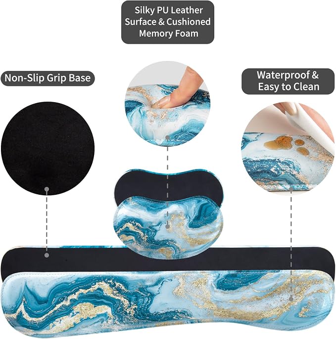 QIYI PU Leather Desk Mat Set, 4-in-1 Ergonomic Wrist Rest, Blue Fluid Art | Waterproof Large Mouse Pad 31.5×15.7 + Keyboard Wrist Rest + Mouse Wrist Support+Coaster, Non-Slip Office Gaming Accessories - Image 6