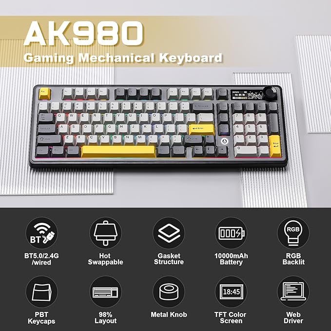 AJAZZ AK980 Wireless Keyboard with Smart Display & Knob,98% Mechanical Keyboard Tri-Mode BT/2.4G/USB-C, Hot Swappable, PBT Keycaps, with RGB Light for Win & Mac(Black,Murad Switch) - Image 2