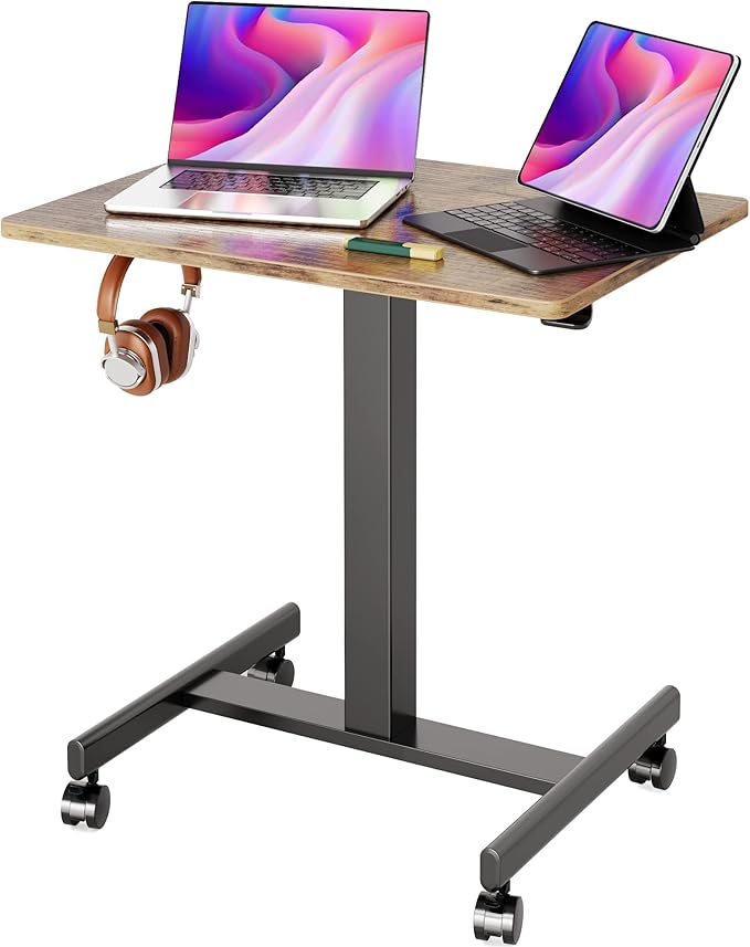Claiks Mobile Rolling Desk Small Portable Laptop Cart on Wheels, 28" Brown | Rolling Adjustable Desk, Lockable Wheels, Gas Spring Lift, Side Hook, Easy Assembly by CLAIKS