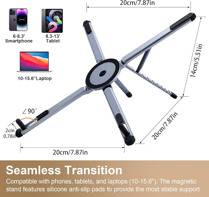 3-in-1 Foldable Magnetic Phone Tripod Stand, Portable Aluminum Alloy Adjustable Holder for Tablet, Laptop MacBook Pro/Air 10–16", Magnet Phone Mount Compatible with MagSafe iPhone Android - Image 2
