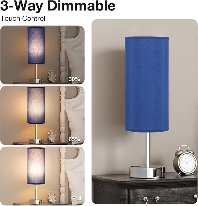 Blue Touch Table Lamp for Bedroom - Bedside Desk Lamp for College Dorm | USB A+C Ports, 3-Way Dimmable, LED Bulb Included, Navy Blue Lampshade, Silver Metal Base, Compact 14" Night Stand Lamp - Image 2