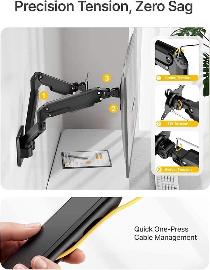 monTEK Dual Monitor Wall Mount, Wobble-Free Spring, 17–32" Full Motion | Dual Wall Mount Frees Full Desktop Space, Zero Clearance Retracts To 3.8", Wobble-Free Spring, Supports 20 Lbs Per Arm - Image 6