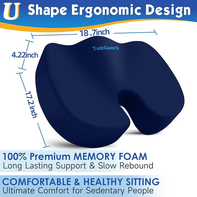 Seat Cushion for Office Chair, Car, Memory Foam, Blue XX-Large | For Back, Coccyx, Sciatica, Tailbone Pain, Ergonomic Design, Non-Slip, Desk Wheelchair Use, Supportive Butt Pillow, For Man - Image 2