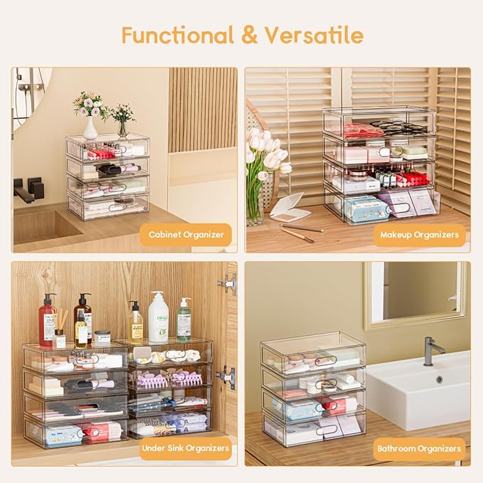 Clear Stackable Makeup Organizer with Drawer, 12''W Acrylic Storage Drawers | Cosmetic Display Case for Vanity Bathroom Countertop Drawers, Beauty Holder for Lipstick Brush Skincare Perfume - Image 7
