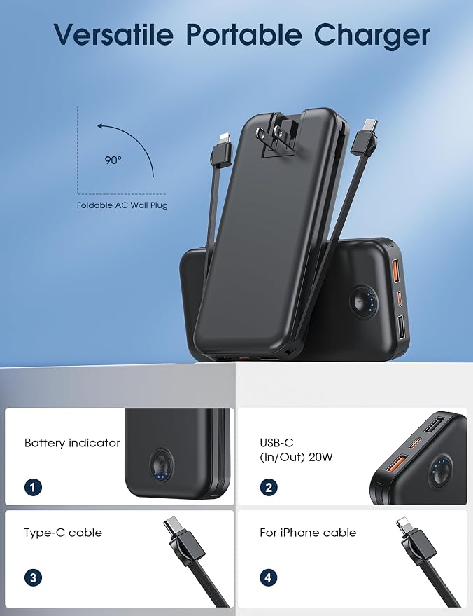 Nusyddy Portable Charger 10000mAh Fast Charging w/Built-in Wall Plug Black | PD20W Fast Charging, LED Indicator, Pass Through Charging, TSA Approved, Compact/Slim, Power Bank for iPhone/iPad/Samsung - Image 3