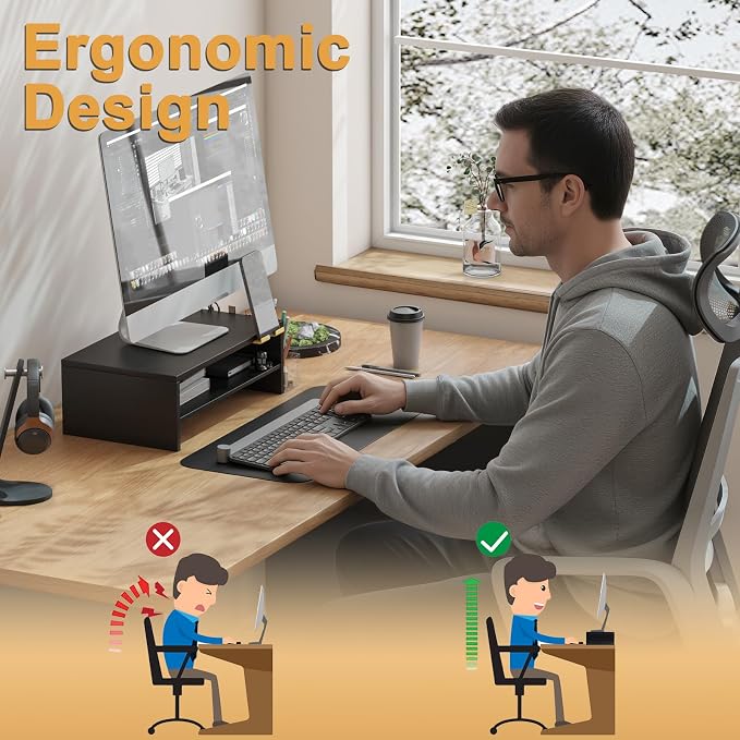 TEAMIX 2 Tiers Wood Monitor Stand Riser with Phone Holder & Side Pen Holder | Black Desk Organizer, 15.7L x 9.5W x 5.7 inch, Holds 80 lbs, Laptop/PC/Printer Stand, Ergonomic Design, Home Office Supplies - Image 3