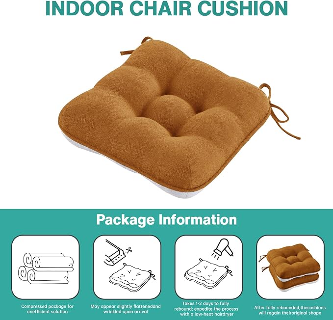 BETU Chair Cushions for Dining Chairs Set of 6,3.5" Thick Kitchen Table Chair Pads with Ties,Non Slip Backing and Covers, Seat Cushion for Dining Room,Bar,Patio Chairs,15.5"X15.5"X3.5",Caramel - Image 9
