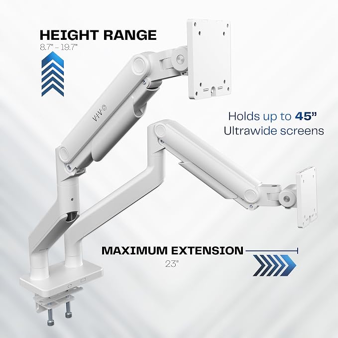 VIVO Heavy Duty Dual Ultra-Wide Monitor Tension Arm, Up to 45 inch Screens, Holds 44 lbs per Arm, Premium Desk Mount Monitor Stand for 2 Ultrawides, White, STAND-V200VW - Image 3