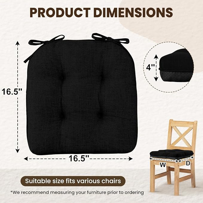 downluxe Indoor Chair Cushions for Dining Chairs, Tufted Overstuffed Textured Kitchen Chair Pads with Ties and Non-Slip Backing, 16.5" x 16.5" x 4", Black, 4 Pack - Image 2