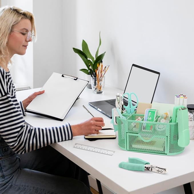 17 IN 1 Office Desk Organizer Set for Back to School Supplies Accessories | 3 Office Desk Storage Organization, 4 Pens, Stapler, Staples & Remover, Tape & Dispenser, Scissors, Ruler, Clips, Hole Punch - Image 9