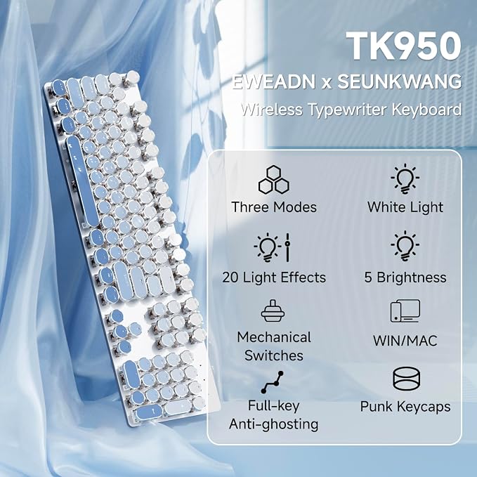 SEUNKWANG EWEADN Typewriter Keyboard Wireless Mechanical Keyboard, 104 Keys Gradient Color Typewriter Keyboards with White Backlit, Anti-Ghosting, Blue Switch Bluetooth/2.4GHz/Wired Keyboards-Blue - Image 2