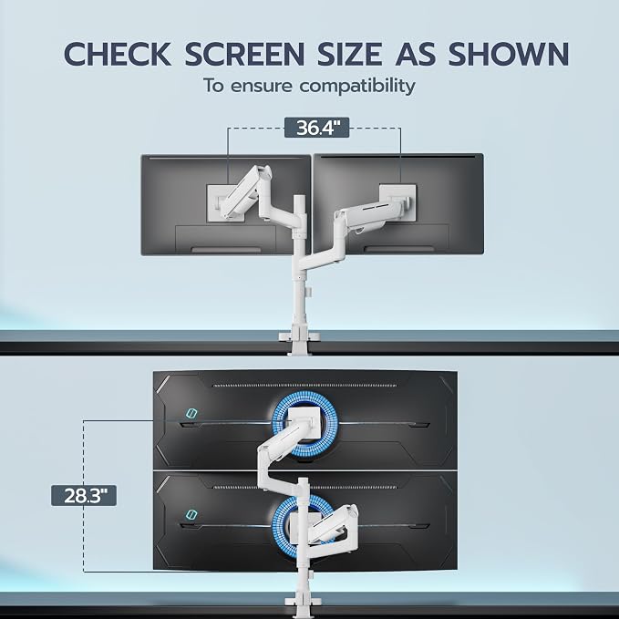 ARES WING Dual Monitor Mount for 17-49 Inch Screen, White | Ultrawide Heavy Duty Computer Monitor Arm Desk Mount for Curved Screen, Gas Spring Adjustable Vesa Stand - Image 8