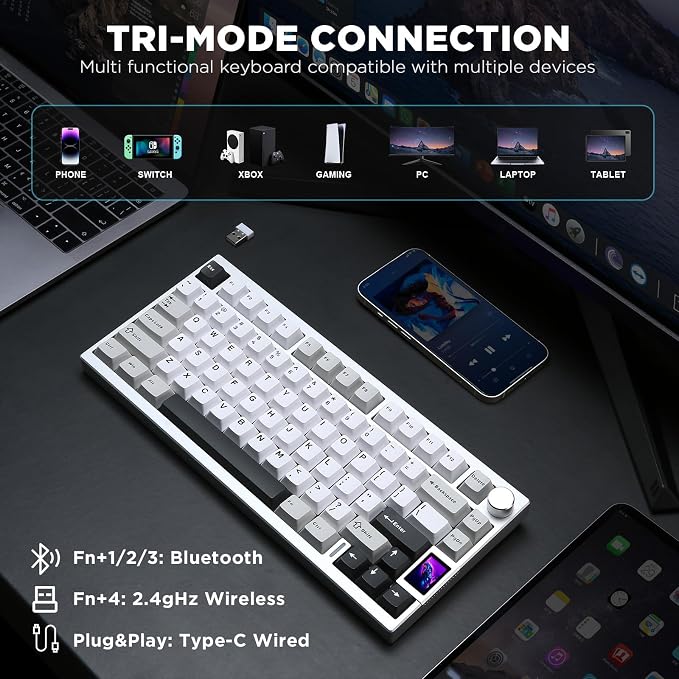 YUNZII AL80 75% Wireless Aluminum Mechanical Keyboard(Silver,Gateron Zero) | QMK/VIA, Smart LCD Display and Knob, Hot Swap, Gasket Structure, BT/2.4G/USB-C, RGB Keyboard for Gaming/Win/Mac - Image 4