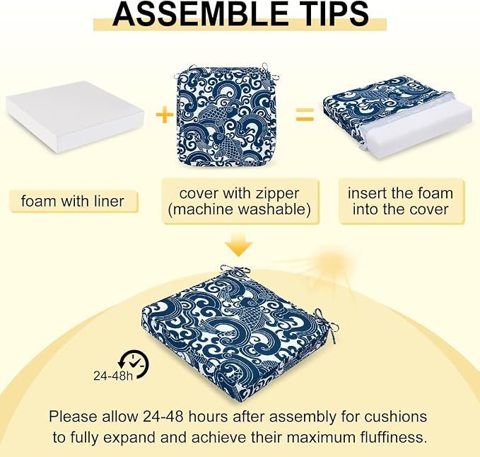 downluxe Outdoor Chair Cushions Set of 4, Waterproof 19" x 19" x 3" Patio Chair Cushion with Non-Slip Ties & Handle, Square Outdoor Cushion for Patio Furniture with Removable Cover, Blue Carp - Image 6