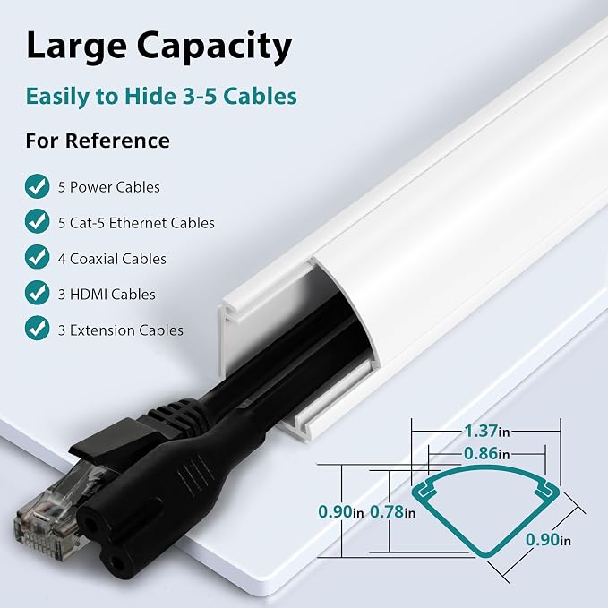 ZhiYo 15ft Corner Cable Hider for 3-5 Cords, Wall & Floor Cord Hider White | Self-Adhesive Cable Concealer, 5 Pack (3ft Each), Quarter Round Cable Management Raceway for Baseboards & Ceiling Corners - Image 2
