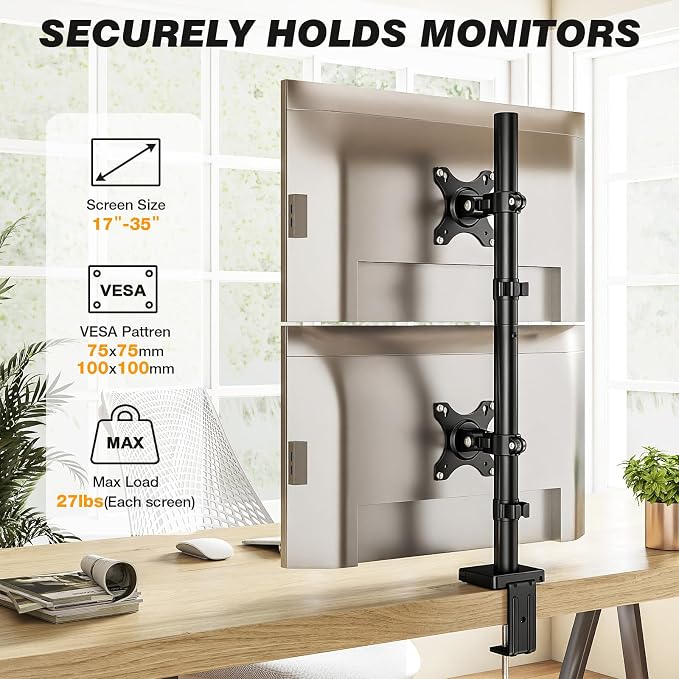 5Rcom Vertical Dual Monitor Mount, Stacked Monitor Stand for 2 Monitors with Height Adjustment, Computer Monitor Arm Supports Two 17 to 35 Inch with C Clamp & Grommet Desk Mount, Each Hold up to 27lbs - Image 2
