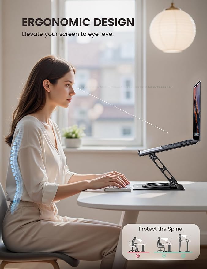 Lamicall Adjustable Laptop Stand for Desk 360° Rotating Base for 10-17.3'' | Aluminum Laptop Riser, Ergonomic Computer Stand Foldable Protable fits MacBook Neo Air Pro Dell HP Lenovo Office Home Black - Image 4