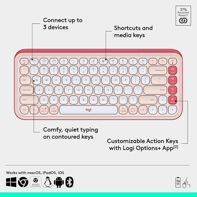 Logitech POP ICON Keys Wireless Bluetooth Keyboard - Rose and Off-White | Comfortable typing, programmable keys, easy-switch between up to 3 devices, for laptop, tablet, PC - Image 6