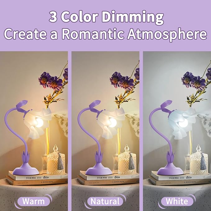 Women Bedside Table Lamps for Bedroom, Cute Flower Desk Lamp with Adjustable Flexible Gooseneck, 3 Color Temperatures Nightstand Lamp with E26 LED Bulbs, Floral Lamp for Living Room, Office,Reading - Image 2