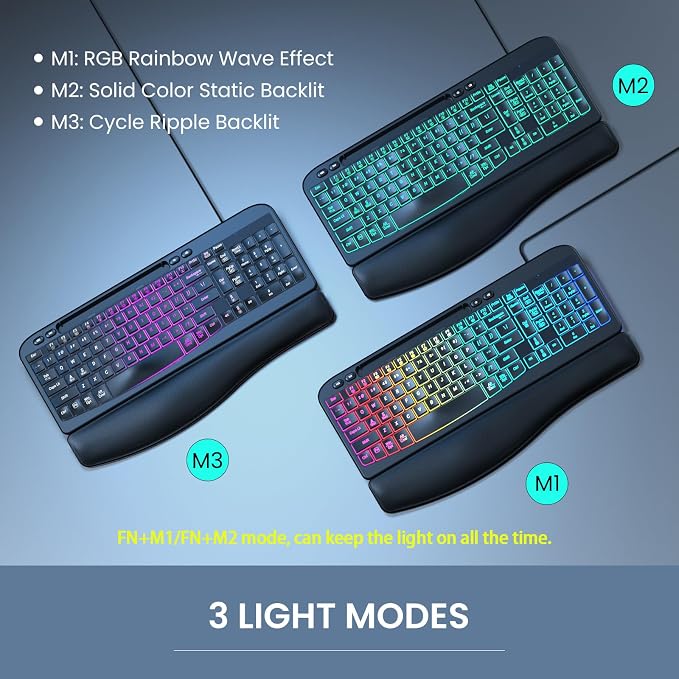 Wired Ergonomic Keyboard, Backlit USB Computer Keyboard with Wrist Rest | 7-Color Backlit Keyboard with Wrist Rest, Wave Keys, Phone Holder, Lighted Keyboard for PC, Laptop, Windows, and Mac - Image 3