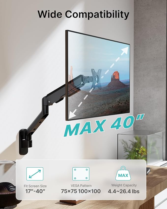 PEGZONE Single Monitor Wall Arm 17"-40" Ultrawide 26.4Lbs VESA Black | Fully Adjustable, Space Saving Design, VESA 75x75 & 100x100, For Home Office Gaming, Supports Ultrawide Displays - Image 2