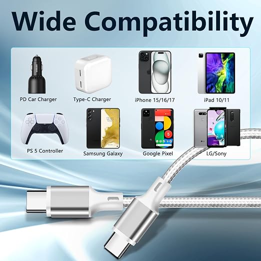 USB C to USB C Cable, 3 Pack 6ft Type C Fast Charger Cord (Silver) | Nylon Braided High-Speed Data Transfer Wire for iPhone 17/16/15 Plus/Pro Max iPad Air Ps5 Controller Samsung Galaxy - Image 6