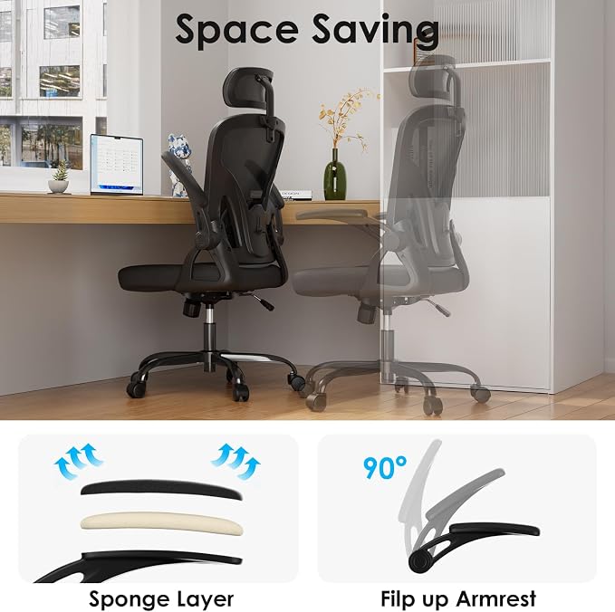 Farini Ergonomic Office Chairs with Headrest, Set of 4, Black & Black | High Back Swivel Computer Chair, Adjustable Armrests and Lumbar Support,Desk Chair for Home Office Bedroom - Image 7