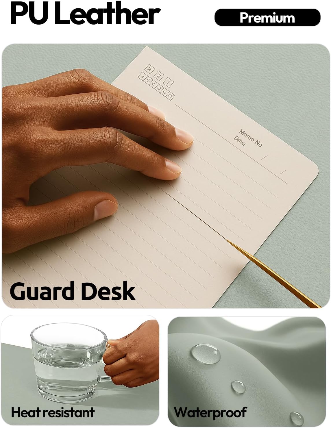 YSAGi Leather Desk Protector, Office Mat, Large Mouse Mat, Non-Slip PU Leather Blotter, Laptop Pad, Waterproof Writing Pad for Office and Home (Grayish Green, 23.6" x 13.8") - Image 3