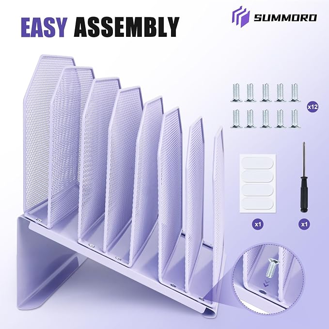 SUMMORO Inclined File Organizer for Desk, 7-Section Vertical File Holder | Office Desk Organizer Metal Rack File Folder, Wire Mesh Desktop Document Sorter, for Office School Classroom Home (Purple) - Image 8