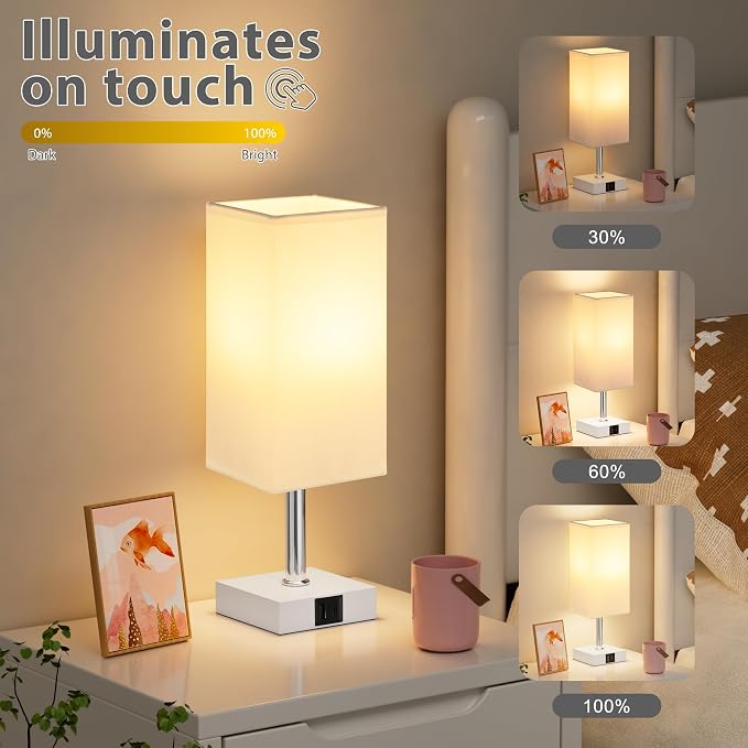 Touch Table Lamp for Bedroom - Dimmable, USB C+A, White Lamphade White Base | 3-Way Dimmable, 3000K LED Bulb Included, Square Lampshade, Cute Room Decor for Teen Girls, Kids, Small Lamp for Dorm, Nursery - Image 4
