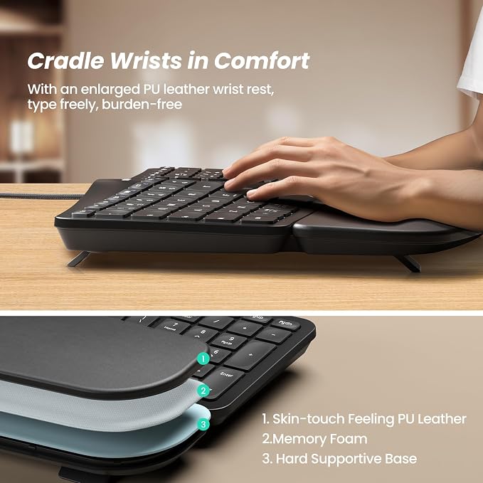 Nulea RT05C Wired Ergonomic Keyboard, Split Keyboard with Cushioned Wrist Rest, Adjustable Tilt Legs, Plug and Play, USB Corded, Compatible with Windows/Mac | Plug and Play Keyboard with Adjustable Tilt Legs, Natural Typing Design, Comfortable Support ... - Image 5