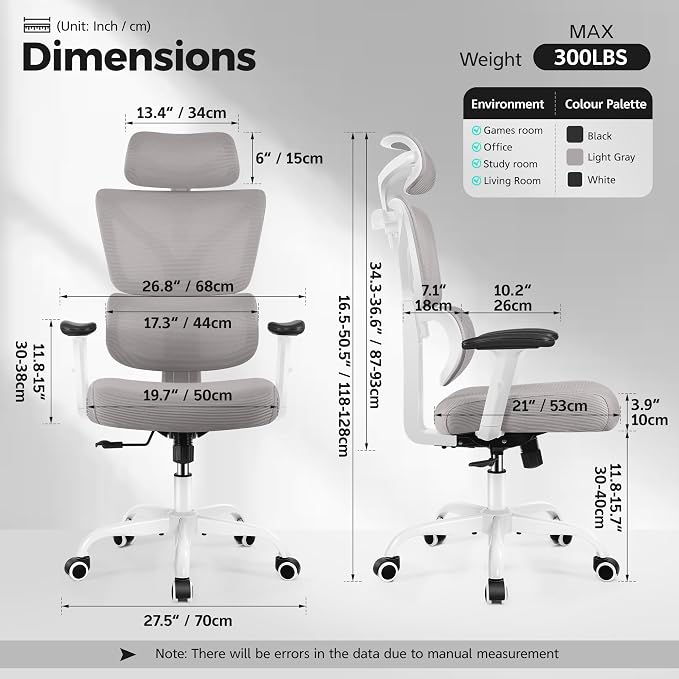 Ergonomic Office Chair High Back Desk Chair with Lumbar Support, Breathable Mesh Computer Chair with Adjustable Armrests Height, Reclining Swivel Big and Tall Gaming Chair for Home Office(Gray) - Image 2