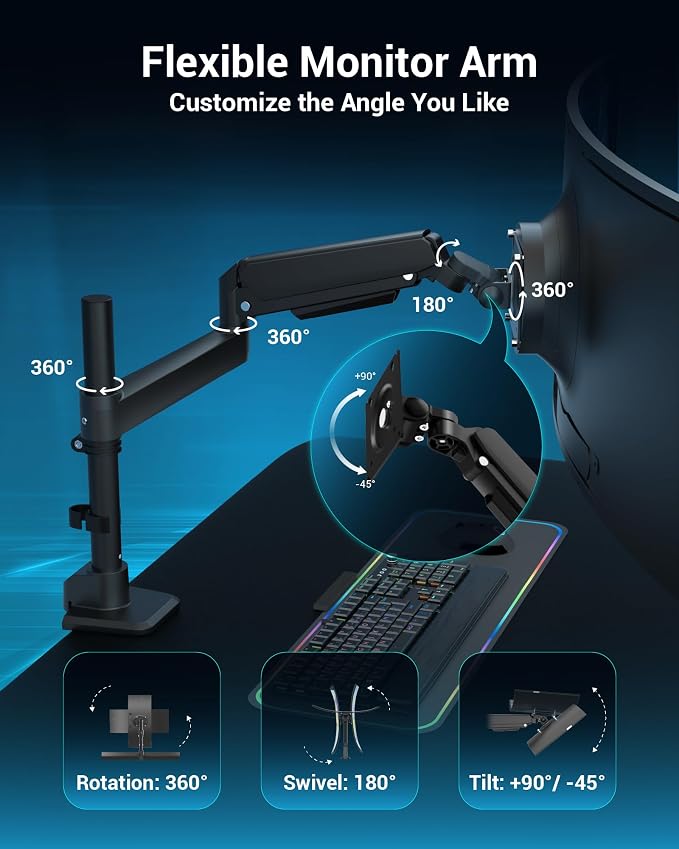 Heavy Duty Monitor Arm for 13-49 Inch Ultrawide Screens, Holds Up to 44lbs, Fully Adjustable Single Monitor Mount, with Clamp & Grommet Base, 75/100mm VESA Desk Mount, Black - Image 4
