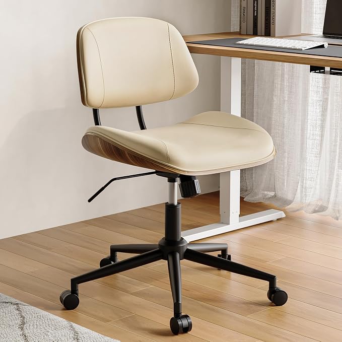 Armless Office Chair with Wheels, PU Leather Desk Chair, Beige | Adjustable Height Task Chair, 360° Swivel Ergonomic Computer Chair for Small Space, Modern Walnut Style, Home & Meeting Room by BERYTH
